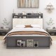 Full size bed frame with ergonomic upholstered headboard, open shelves, and hidden storage for optimal comfort and.