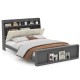 Full size bed frame showcasing open shelves and hidden storage compartment, designed for modern bedroom organization.