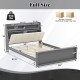 Full size bed frame dimensions with ergonomic headboard, hidden storage, and sturdy plywood slats for reliable support.