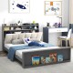 Full size bed frame with ergonomic upholstered headboard, open shelves, and hidden storage for books and personal items.