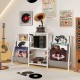 Record player stand in white with 3 shelves, holding vinyl albums and a turntable, ideal for music lovers' spaces.