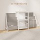 Dimensions of the white record player stand with 3 shelves and 6 storage pockets for up to 200 albums.