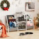 Record player stand in white with three shelves, storing up to 200 albums, ideal for home or music studio use.