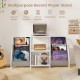 Record player stand in white with three shelves, designed to hold up to 200 albums for versatile home use.