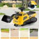 Yellow 6V ride-on tractor excavator with adjustable arms, non-slip tires, suitable for various surfaces.