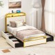 Twin size bed frame in gold with LED lights, charging station, and storage drawers for a modern bedroom setup.