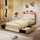 Twin size bed frame in gold with LED lights, storage drawers, and upholstered headboard for modern bedroom decor.