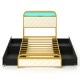 Twin size bed frame in gold with LED lights, upholstered headboard, and storage drawers for a modern bedroom setup.