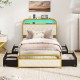Twin size bed frame with LED lights, charging station, and storage drawers for a modern, organized bedroom.
