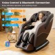 Full body massage chair in brown with airbags and heater, featuring voice control and Bluetooth for soothing music.