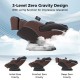Full body massage chair in brown with 3-level zero gravity design, featuring airbags and a waist heater for relaxation.