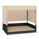 Elevated wicker dog house for small to medium breeds in black with removable cushion, suitable for indoor and outdoor.