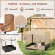 Elevated wicker dog house in black with polyester canopy, ideal for small to medium breeds, suitable for outdoor use.