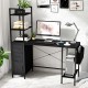 Office desk with open shelves in black, featuring RGB LED lights, power outlets, and ample storage for workspace.