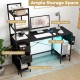 Office desk with open shelves, storage drawers, and RGB LED lights, perfect for organizing your workspace.