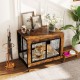 Industrial dog kennel in rustic brown with flip-up top, lockable doors, and removable tray for easy cleaning and access.
