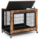 Industrial dog kennel in rustic brown with flip-up top, three lockable doors, and removable tray for easy cleaning.