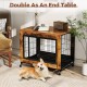 Industrial dog kennel in rustic brown with flip-up top, featuring lockable doors and removable tray for easy cleaning.
