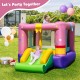 Colorful inflatable bounce house featuring a jumping area, slide, and basketball hoop for outdoor party fun.