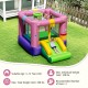 Inflatable bounce house with slide and basketball hoop, made of durable 420D oxford cloth, for kids aged 3-12 years.