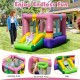 Inflatable bounce house featuring a jumping area, slide, and basketball hoop for outdoor fun and safe play.