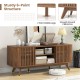 Walnut 2-door TV stand with adjustable shelves, retro fence design, and sturdy 6-point structure for TVs up to 60.