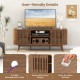 Walnut 2-door TV stand with fence design, adjustable shelves, and cable management holes for TVs up to 60 inches.