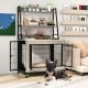 Industrial gray dog kennel furniture with storage shelves, featuring a flip-up top and three doors for easy access.