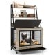 Industrial dog kennel with storage shelves in gray, featuring a flip-up top, three doors, and a pull-out tray for easy.
