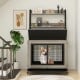 Industrial dog kennel crate in gray with storage shelves, featuring a flip-up top and three access doors for easy.