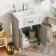 Bathroom vanity unit in gray with a ceramic basin, featuring two doors for storage and sleek handles.