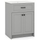 Gray bathroom vanity unit with basin, featuring two doors, sleek handles, and soft close hinges for elegant storage.