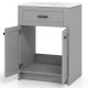 Gray bathroom vanity unit with ceramic basin, two doors, and soft close hinges for elegant storage solutions.
