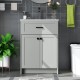 Gray bathroom vanity unit with a ceramic basin and two doors, showcasing a modern design for stylish bathroom decor.