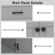 Close-up of the bathroom vanity unit's metal cabinet handles and soft close hinges in gray, showcasing quality.