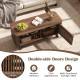 Rectangular walnut coffee table featuring double-side doors, adjustable shelves, and ample storage for versatile use.