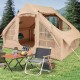 Inflatable camping tent for 4-6 people with mesh windows and doors, set up in a scenic outdoor location.