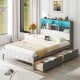 Full size gray bed frame with bookcase headboard, LED lights, and storage drawers for efficient organization.