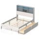 Full size bed frame in gray with bookcase headboard, LED lights, and two large storage drawers for organization.