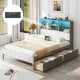 Full size bed frame in gray with bookcase headboard, LED lights, and storage drawers for organized bedroom space.