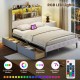 Full size gray bed frame with bookcase headboard, LED lights, and storage drawers for versatile bedroom organization.