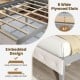 Full size bed frame with gray upholstered headboard, LED lights, and sturdy plywood slats for mattress support.