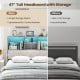 Full size bed frame with gray upholstered bookcase headboard, storage cubes, and RGB LED lights for customizable.
