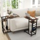 C-shaped end table with rustic wood grain, retractable tabletop, and built-in charging station for convenient use.