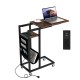 C-shaped end table with retractable tabletop, charging station, and rustic wood grain for convenient workspace use.