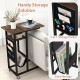 C-shaped end table with rustic wood grain, built-in charging station, and 5-in-1 storage pocket for versatile use.
