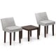 Gray upholstered chair with a soft-padded seat and solid rubber wood legs, ideal for modern kitchen or living room.