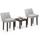 Gray upholstered chairs with brown rubber wood legs and a matching accent table, ideal for kitchen or living room use.