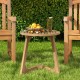 Round teak wood side table with slatted tabletop and triangle base, perfect for indoor or outdoor use.