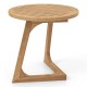 Round teak wood side table with slatted tabletop and triangle base, ideal for indoor and outdoor use.